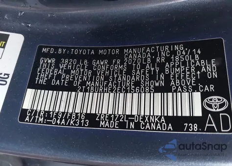 2014 Toyota Corolla Le z USA, uszkodzony, nr VIN 2T1BURHE2EC156085